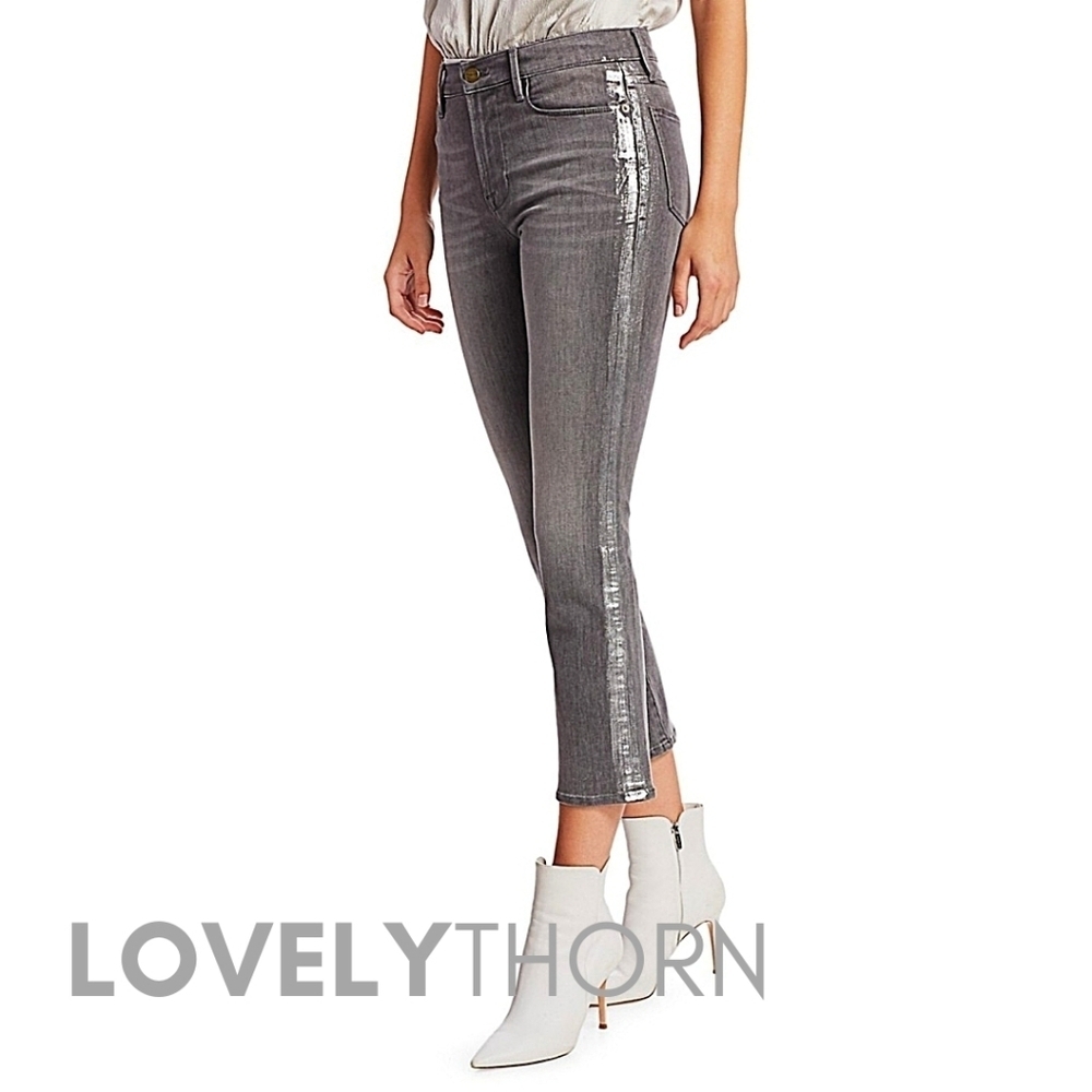 FRAME // le high straight leg foil tuxedo stripe crop grey jeans - Picture 10 of 16